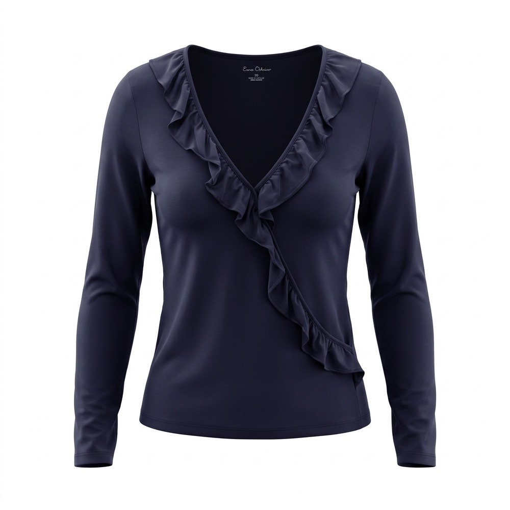 Lilly‎ Pulitzer Ruffle V-Neck Top XS Navy Blue Pima Cotton Modal Preppy Classic